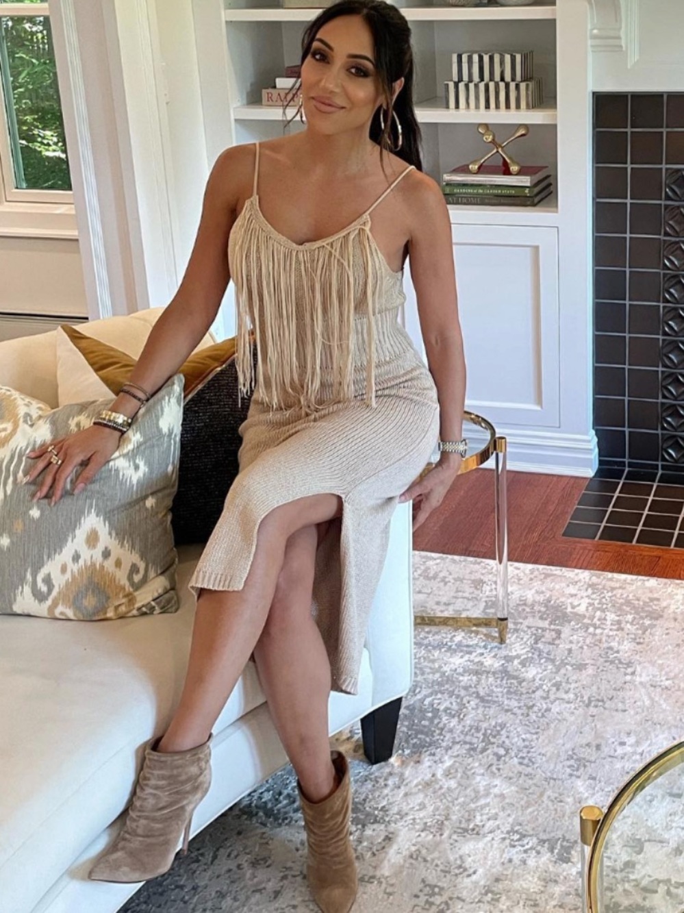 525 America Beige Fringe Knit Maxi Dress